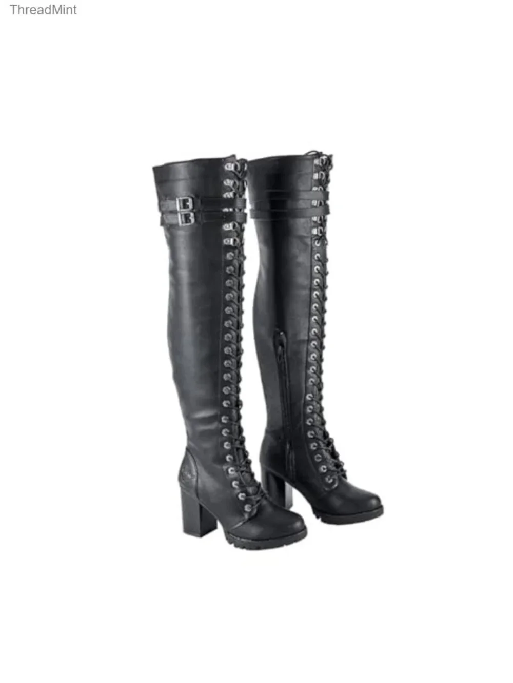 Faux Leather Over the Knee Thigh High Boots Lace Up Chunky Heel